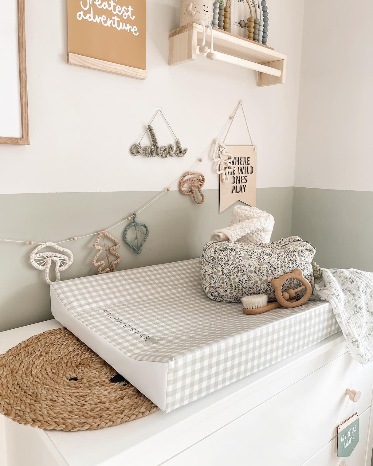 Gingham Sage Green Anti Roll Wedge Baby Changing Mat