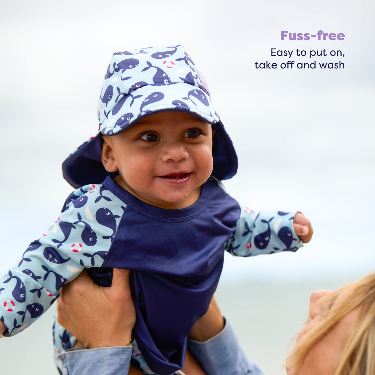 UPF 40+ Reversible Swim Hat for Babies and Toddlers in Blue Whale