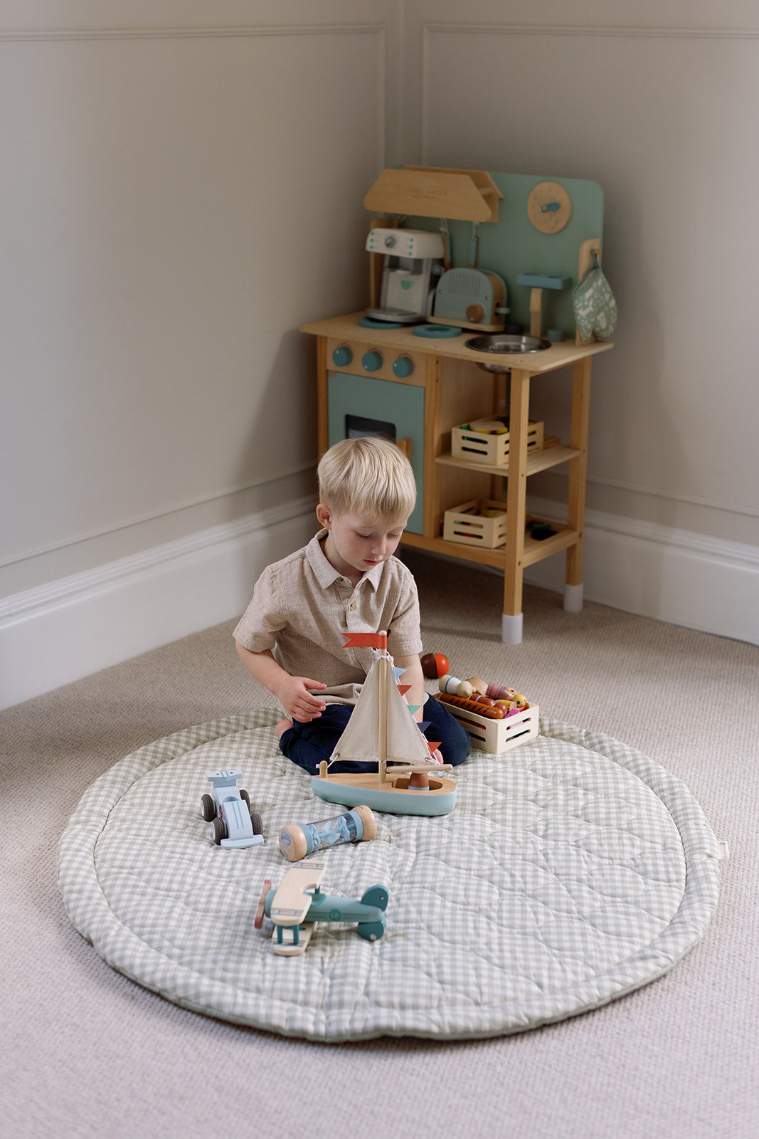 Ralphie Bear Sage Green Gingham Quilted Playmat