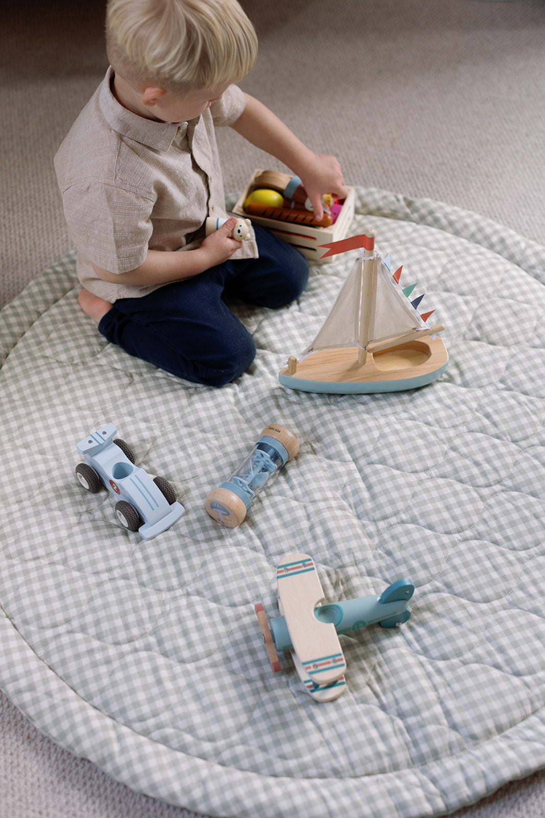 Ralphie Bear Sage Green Gingham Quilted Playmat