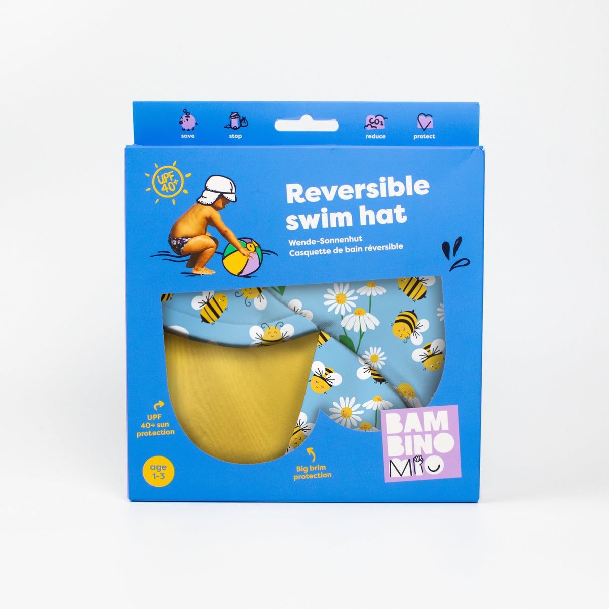 UPF 40+ Reversible Swim Hat for Babies and Toddlers in Busy Bees