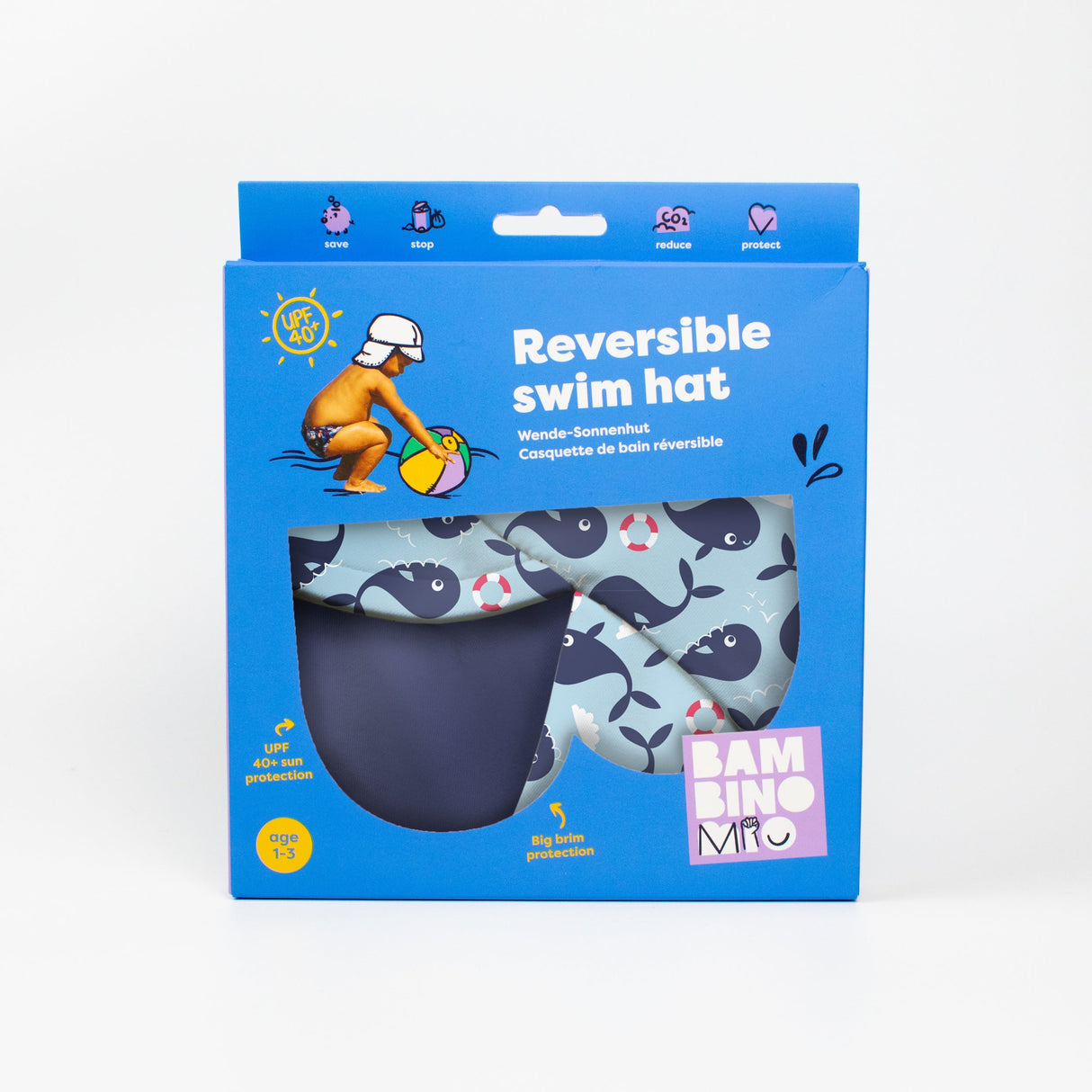UPF 40+ Reversible Swim Hat for Babies and Toddlers in Blue Whale