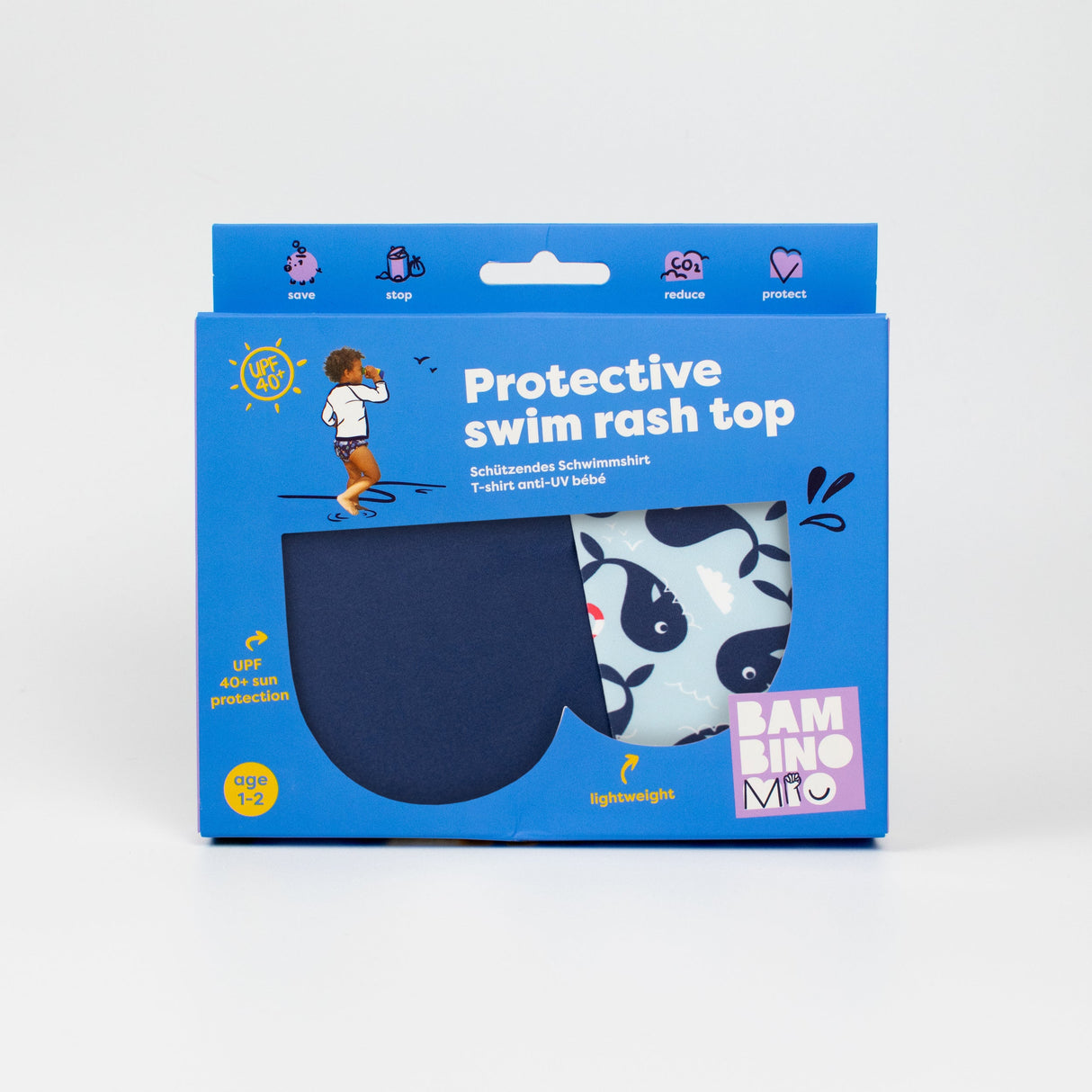 UPF 40+ Soft and Gentle Protective Swim Rash Vest in Blue Whale