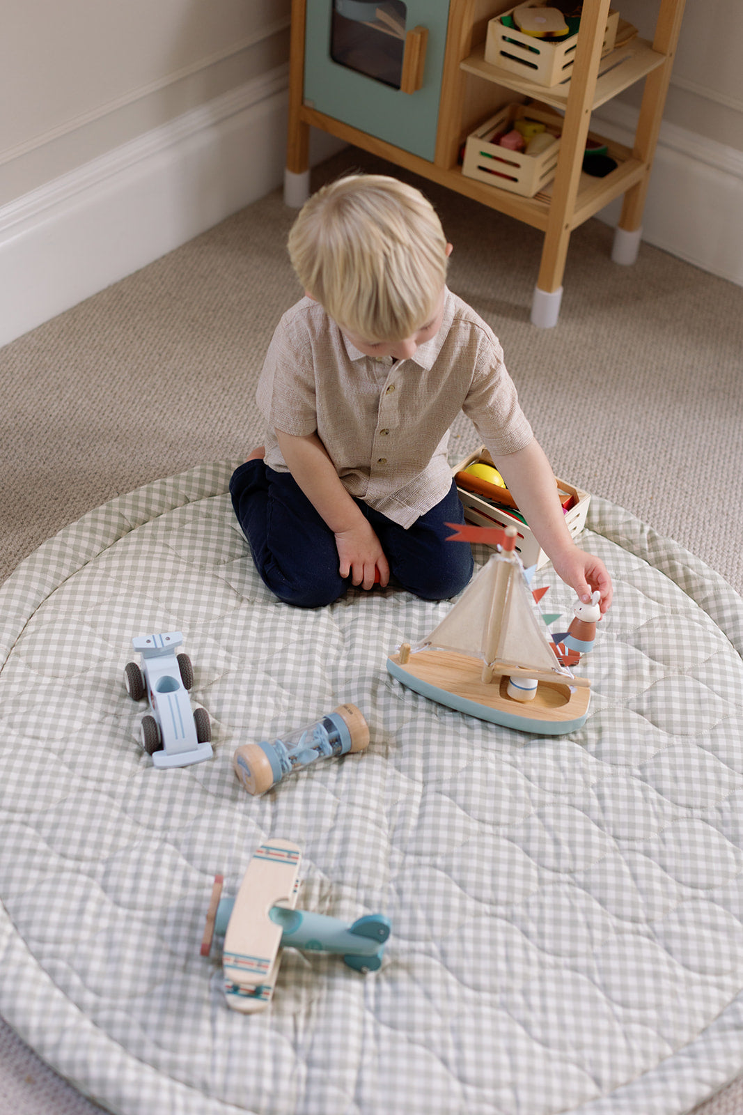 Ralphie Bear Sage Green Gingham Quilted Playmat