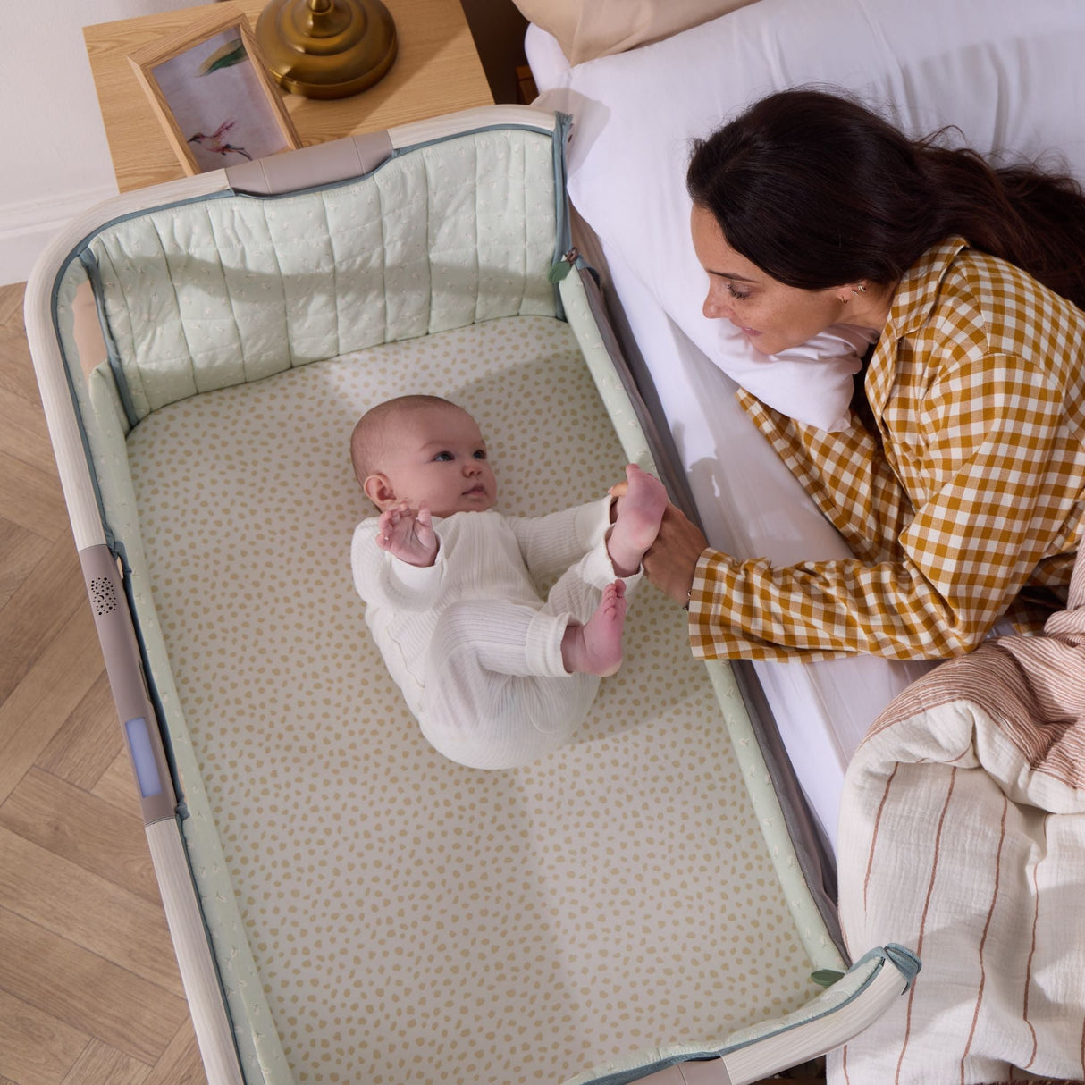 Tutti Bambini CoZee Sense Bedside Crib - Whitewash / Kelp