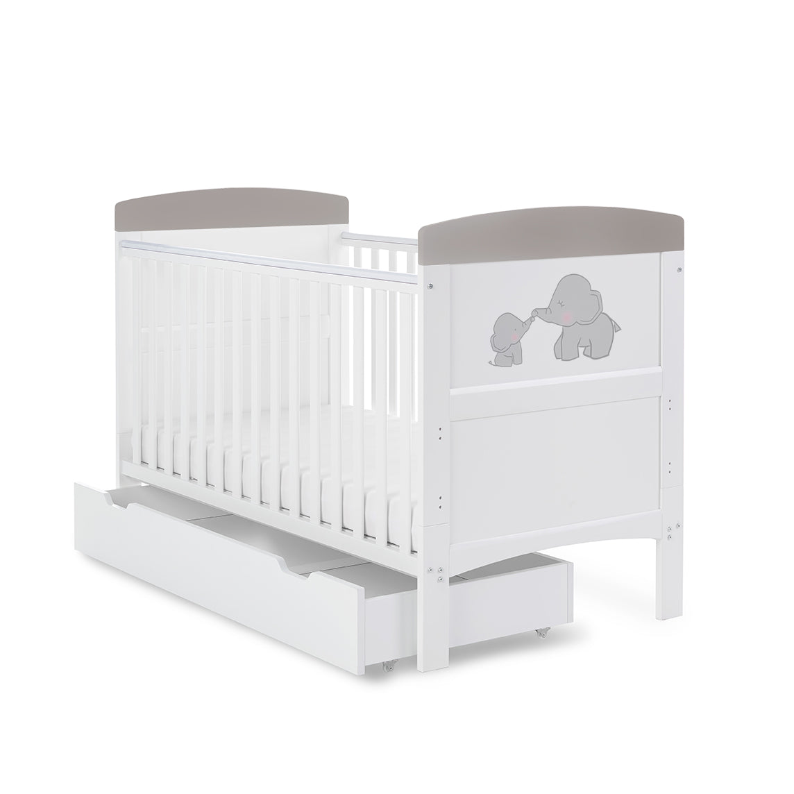 Obaby Grace Inspire Cot Bed & Underdrawer -  Me & Mini Me Elephants - Grey