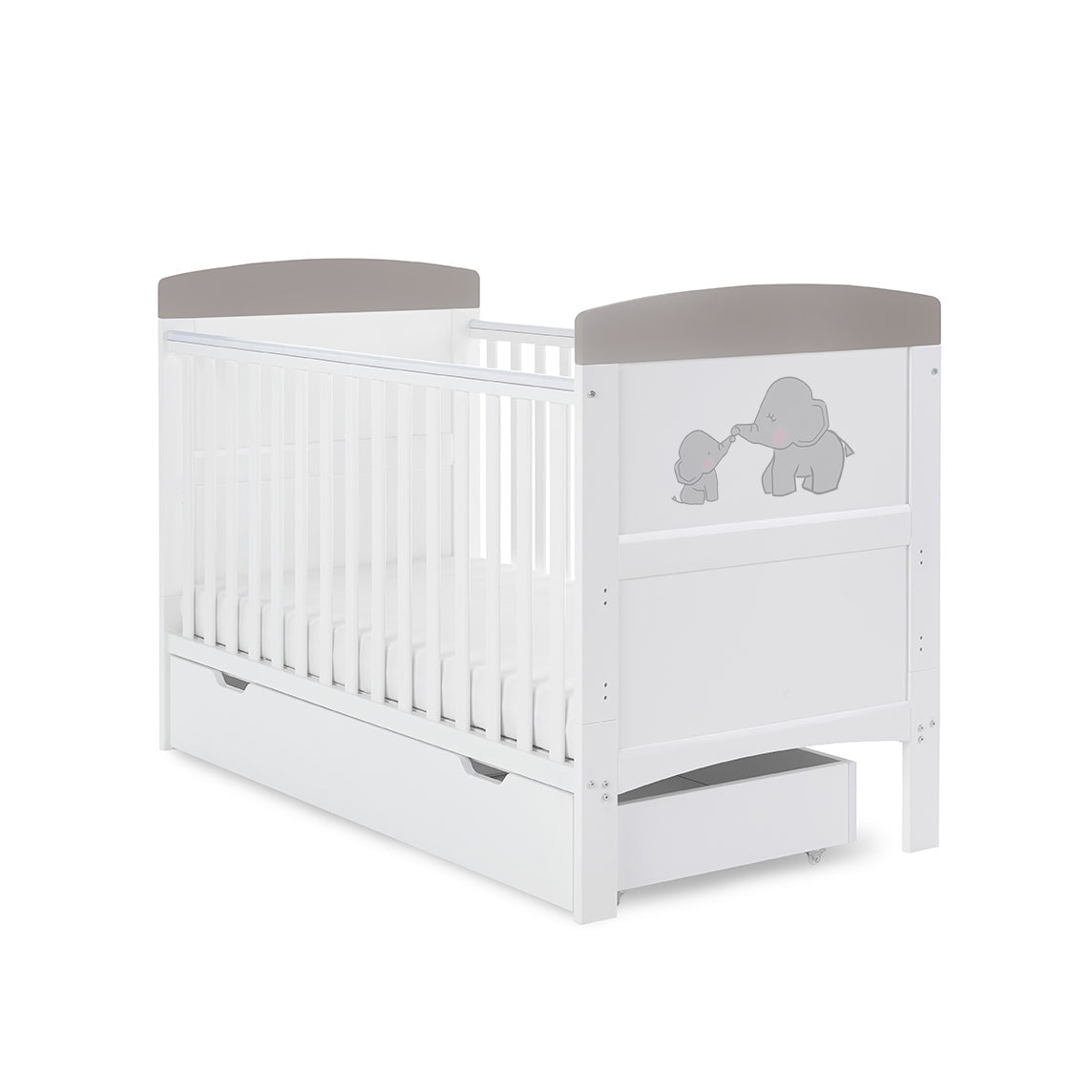 Obaby Grace Inspire Cot Bed & Underdrawer -  Me & Mini Me Elephants - Grey