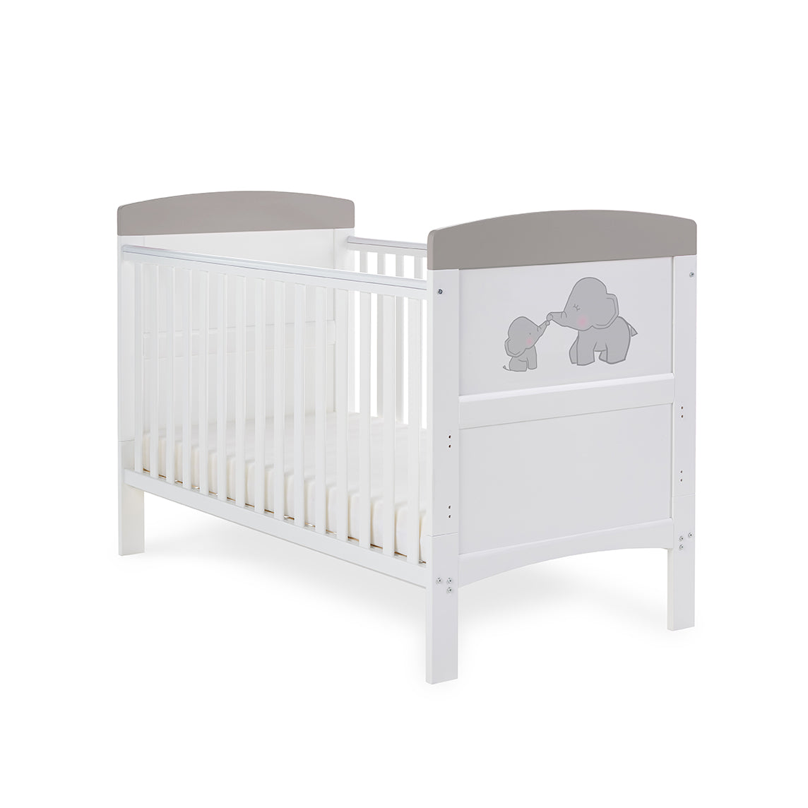 Obaby Grace Inspire Cot Bed & Fibre Mattress -  Me & Mini Me Elephants - Grey