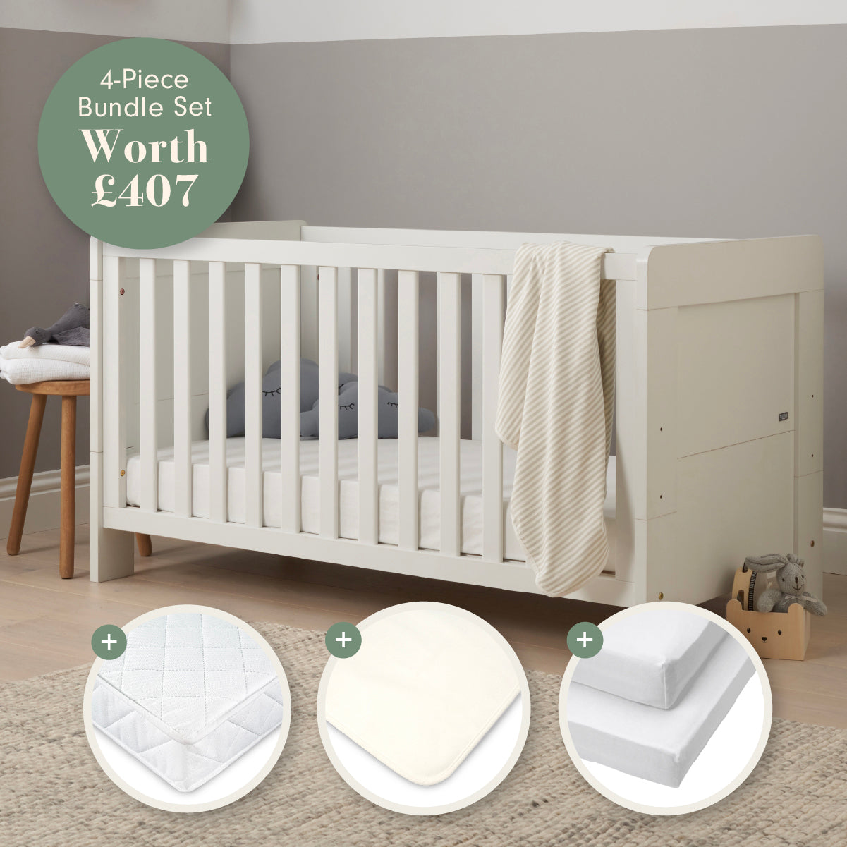 Tutti Bambini Essentials Alba Cot Bed, Mattress & Bedding Bundle - White