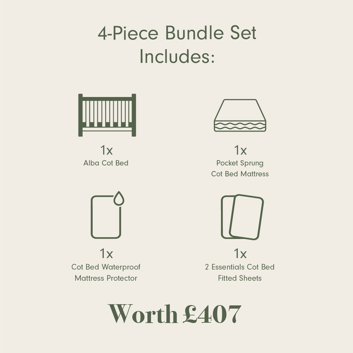 Tutti Bambini Essentials Alba Cot Bed, Mattress & Bedding Bundle - White