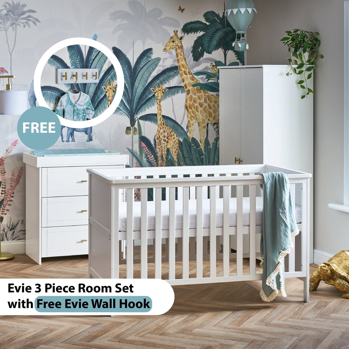 Obaby Evie 3 Piece Room Set - White - with Free Evie Wall Hook