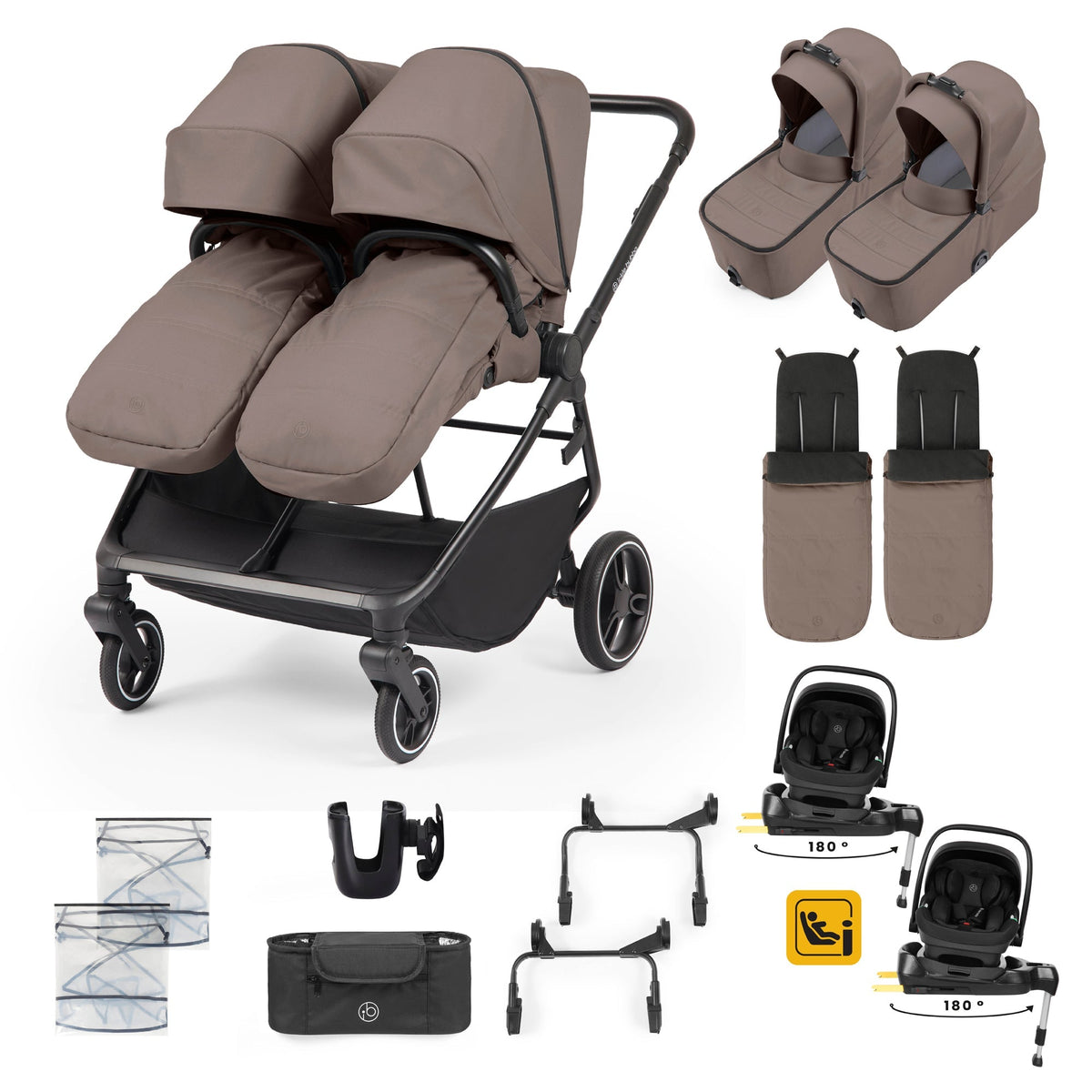 Ickle Bubba Altair Twin 17 Piece Travel System with i-Size Nimbus 180° Spin Car Seats & ISOFIX Bases - Mink