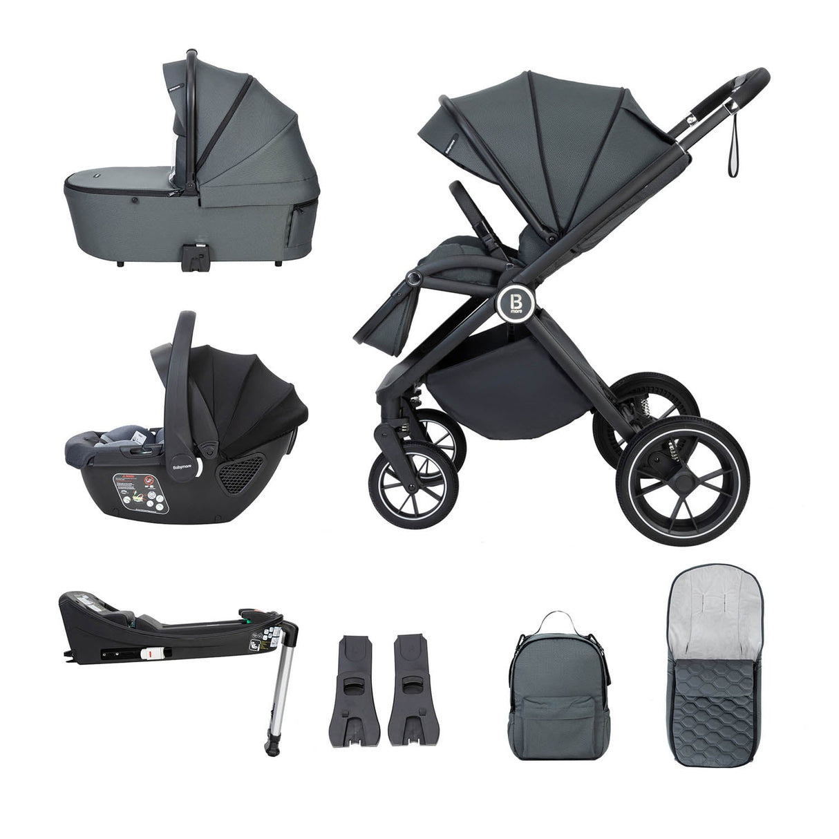 Babymore Kai Travel System + Coco Car Seat & Base - Forest Grey