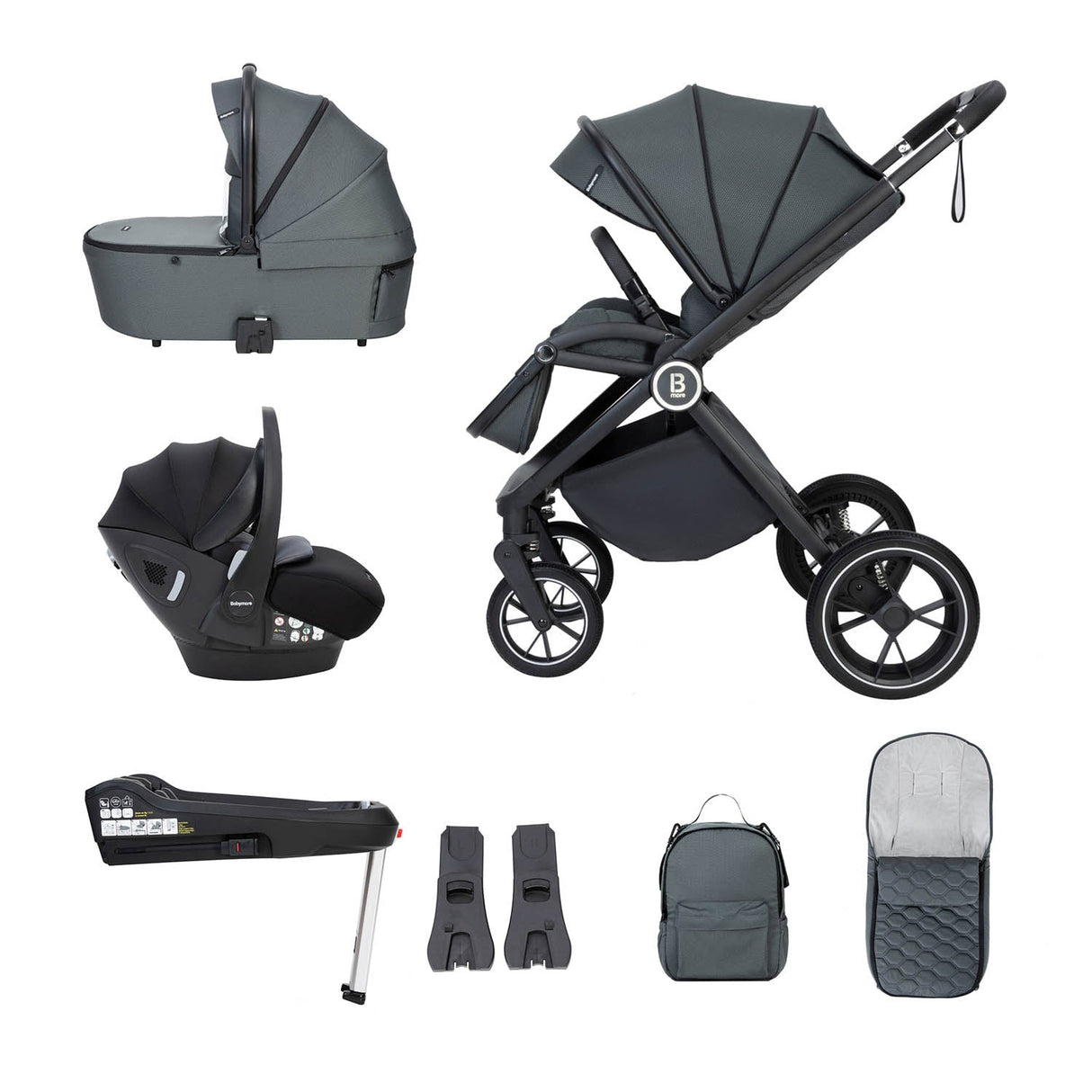 Babymore Kai Travel System + Pecan Car Seat & Base - Forest Grey