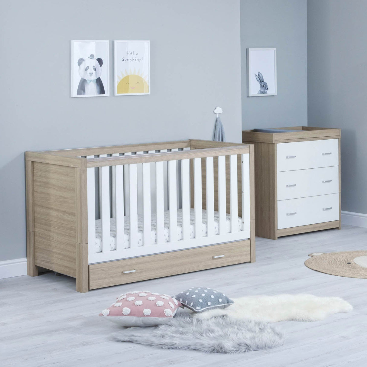 Babymore Luno 2 Piece Room Set with Drawer - Oak White