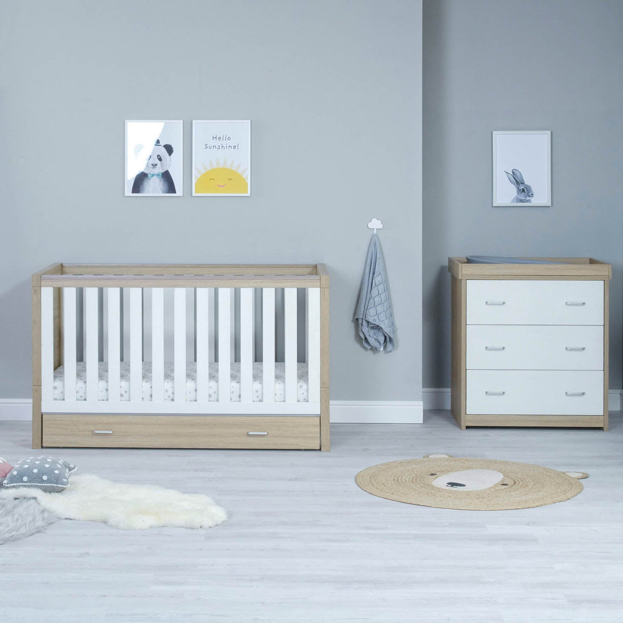 Babymore Luno 2 Piece Room Set with Drawer - Oak White