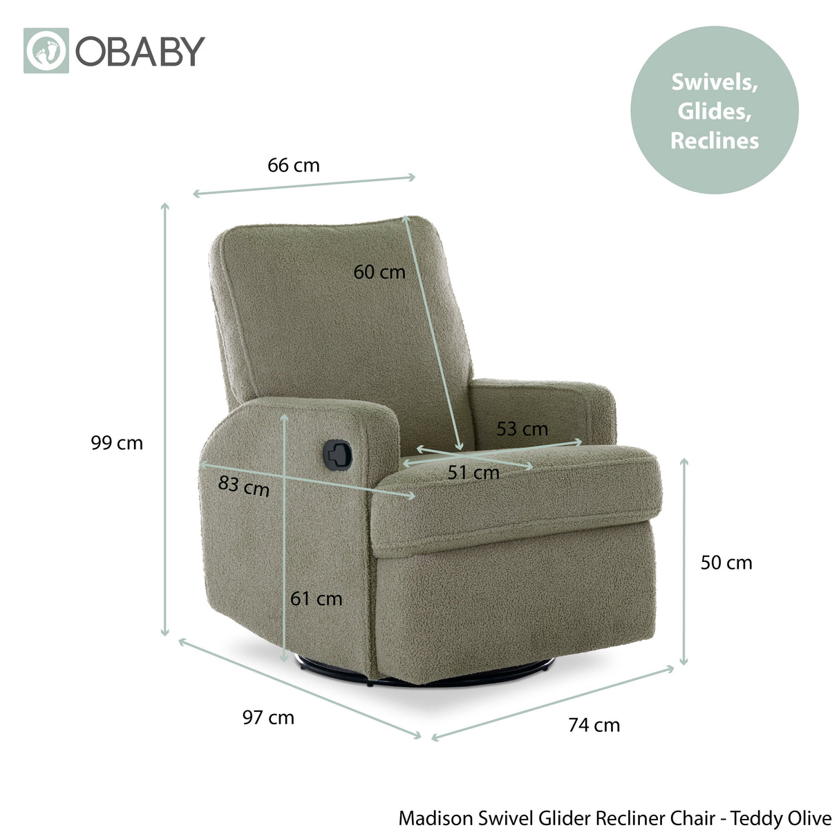 Obaby Madison Swivel Glider Recliner Chair - Teddy Fabric Olive