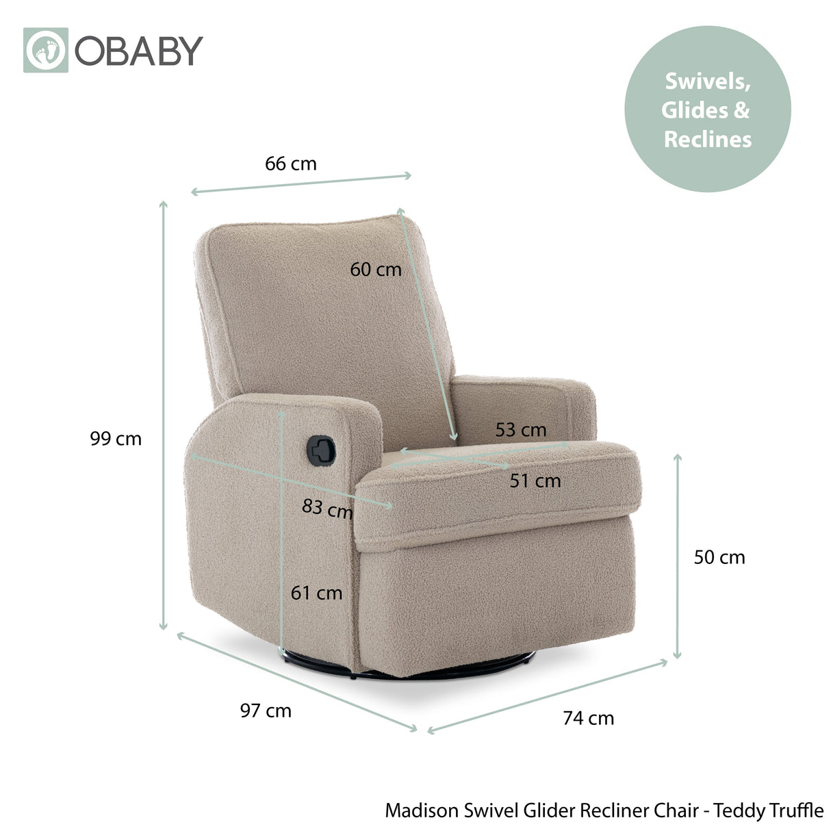 Obaby Madison Swivel Glider Recliner Chair - Teddy Fabric Truffle