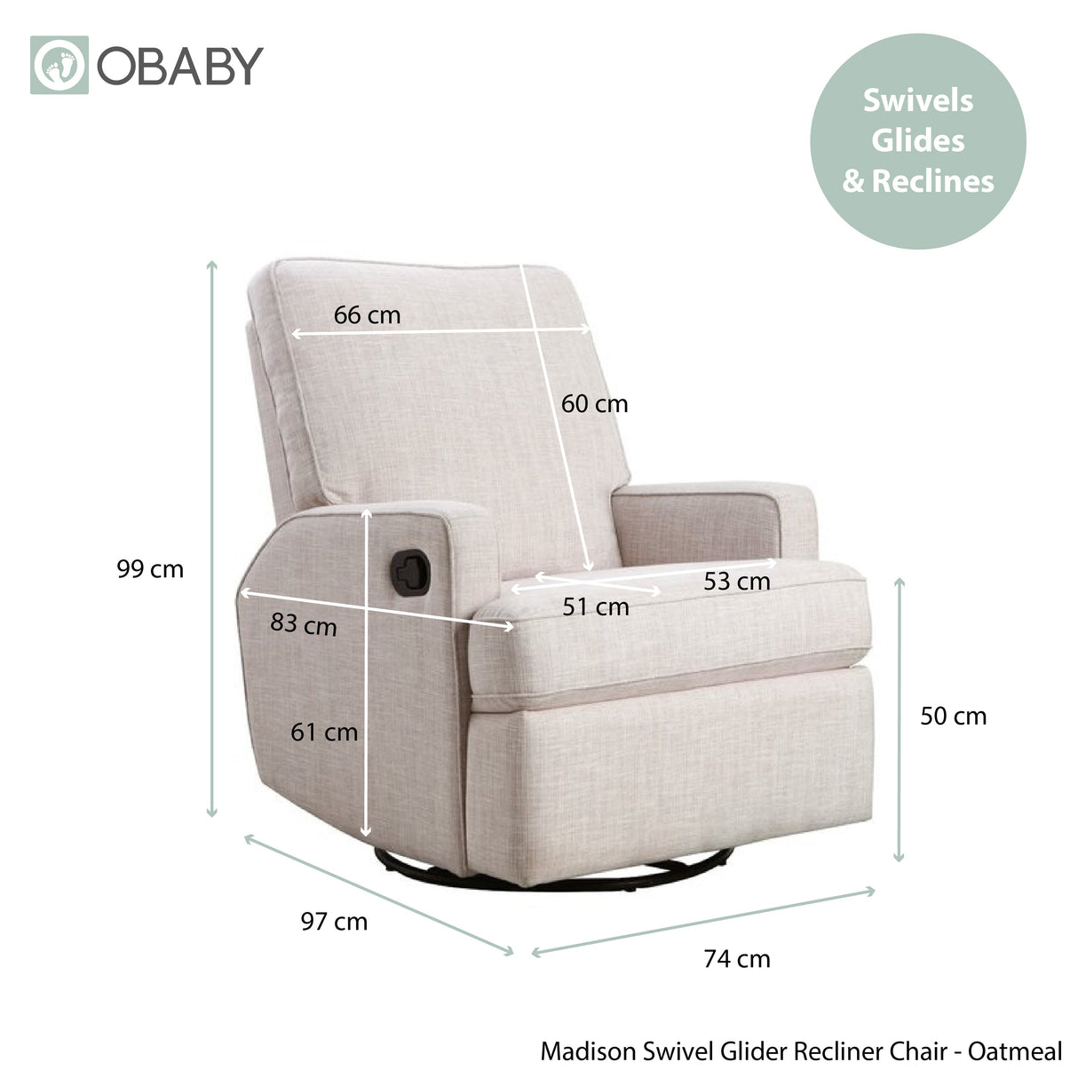Obaby Madison Swivel Glider Recliner Chair - Oatmeal