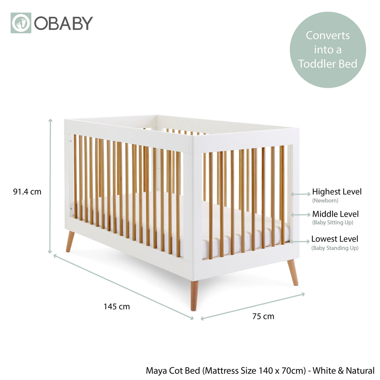 Obaby Maya Cot Bed - White With Natural