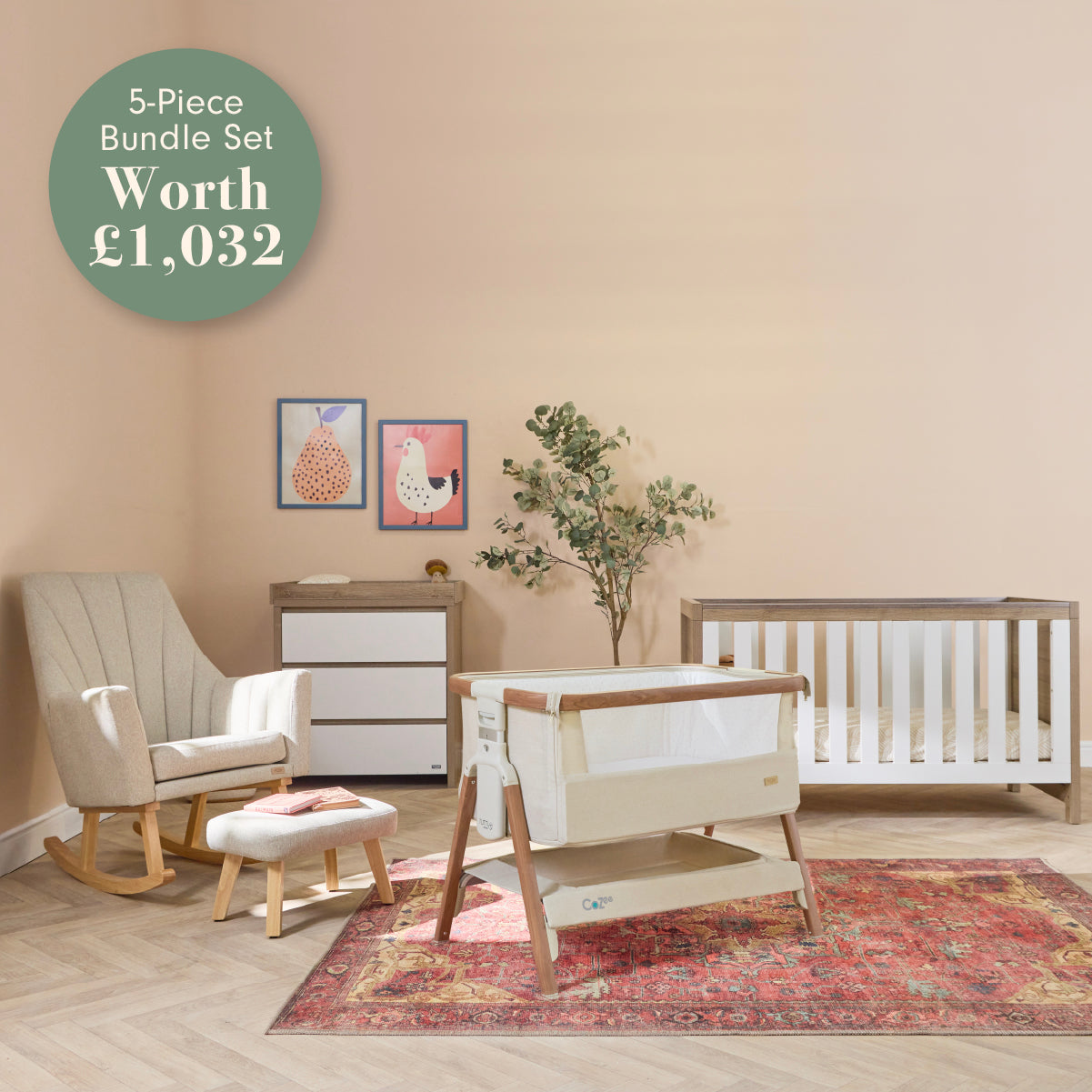 Tutti Bambini Modena Nursery Bundle With CoZee Bedside Crib (5 Piece) - White/Oak