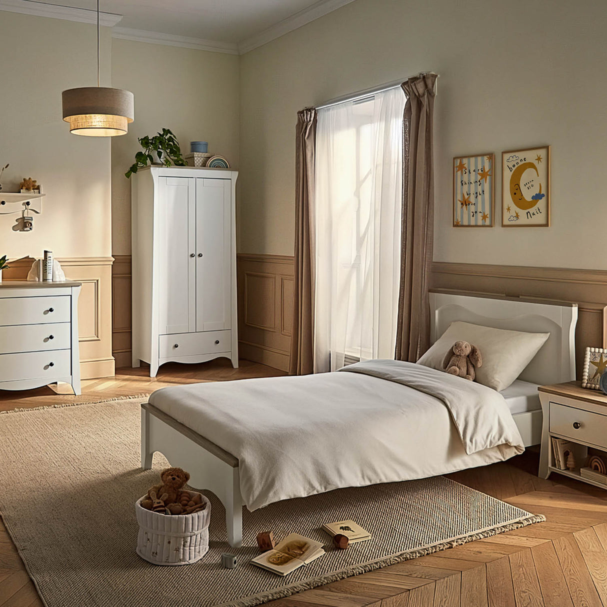 CuddleCo Clara Luxe 3 Piece Nursery Furniture Set (Cot Bed, Dresser & Wardrobe) - White & Ash