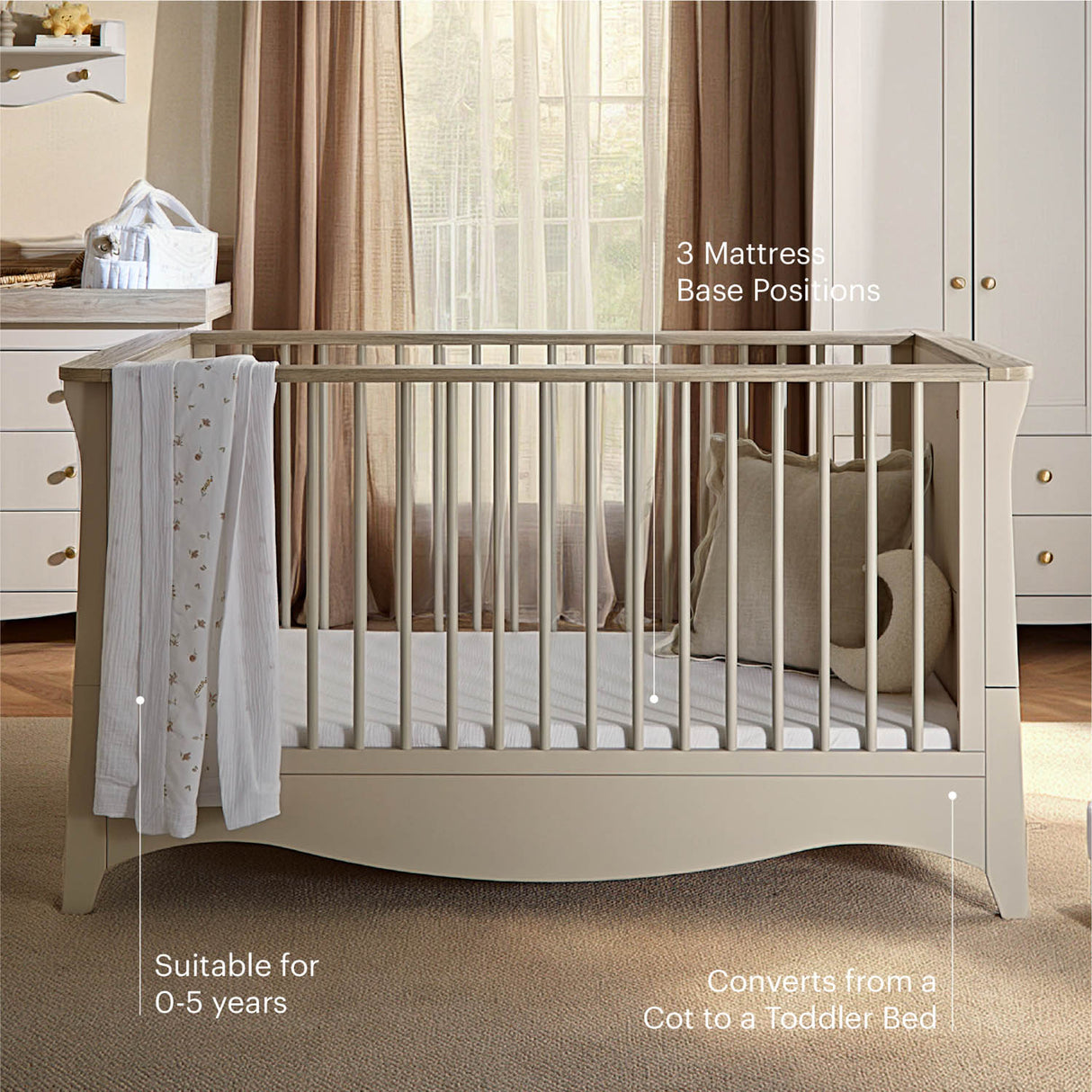 CuddleCo Clara Luxe 3 Piece Nursery Furniture Set (Cot Bed, Dresser & Wardrobe) - Cashmere & Ash