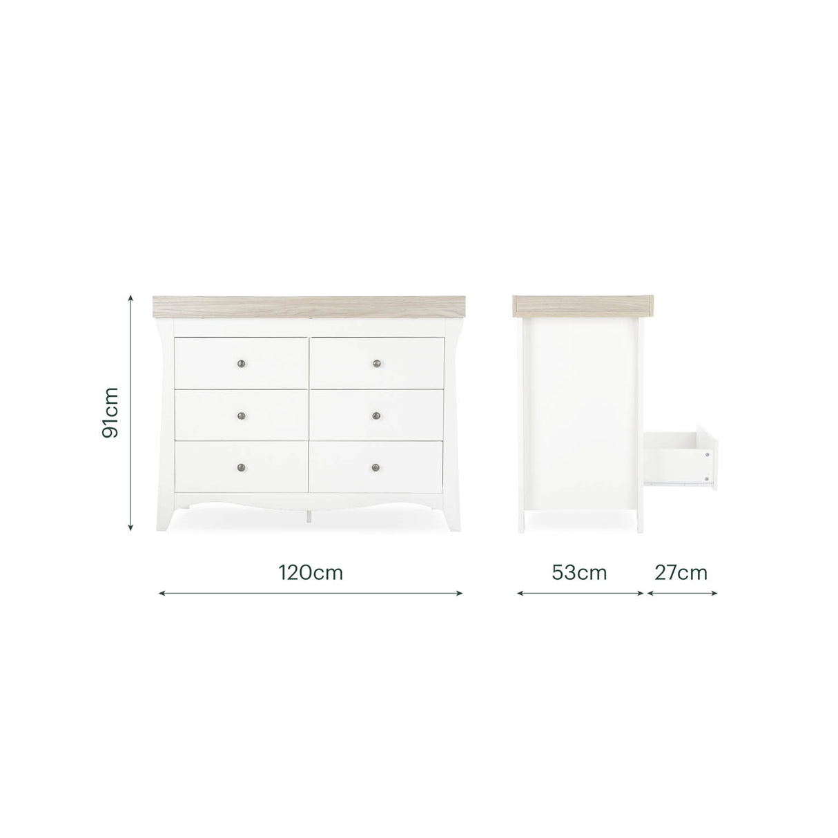 CuddleCo Clara Luxe 2 Piece Nursery Furniture Set (Cot Bed & Dresser) - White & Ash