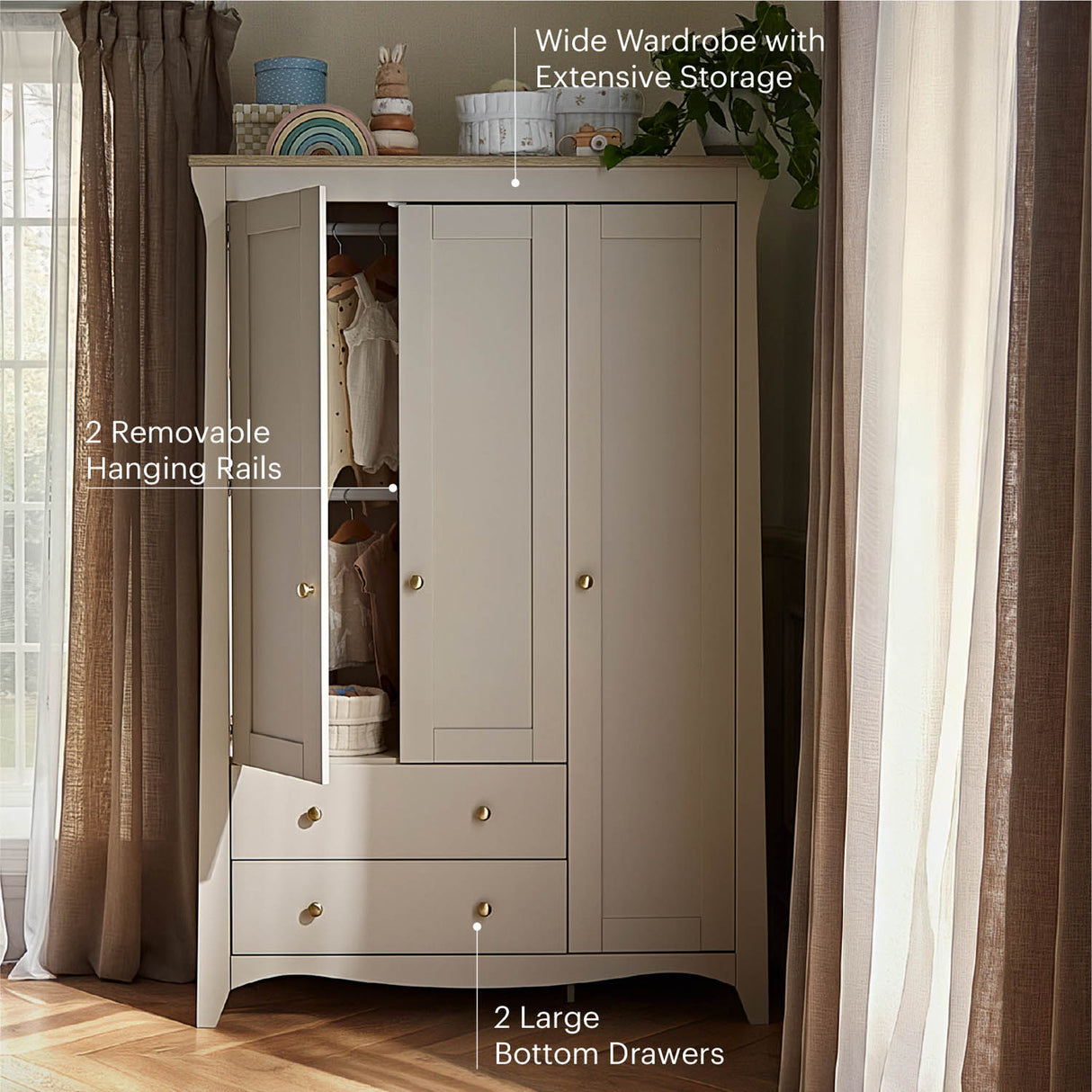 CuddleCo Clara Luxe 3 Piece Nursery Furniture Set (Cot Bed, Dresser & Wardrobe) - Cashmere & Ash