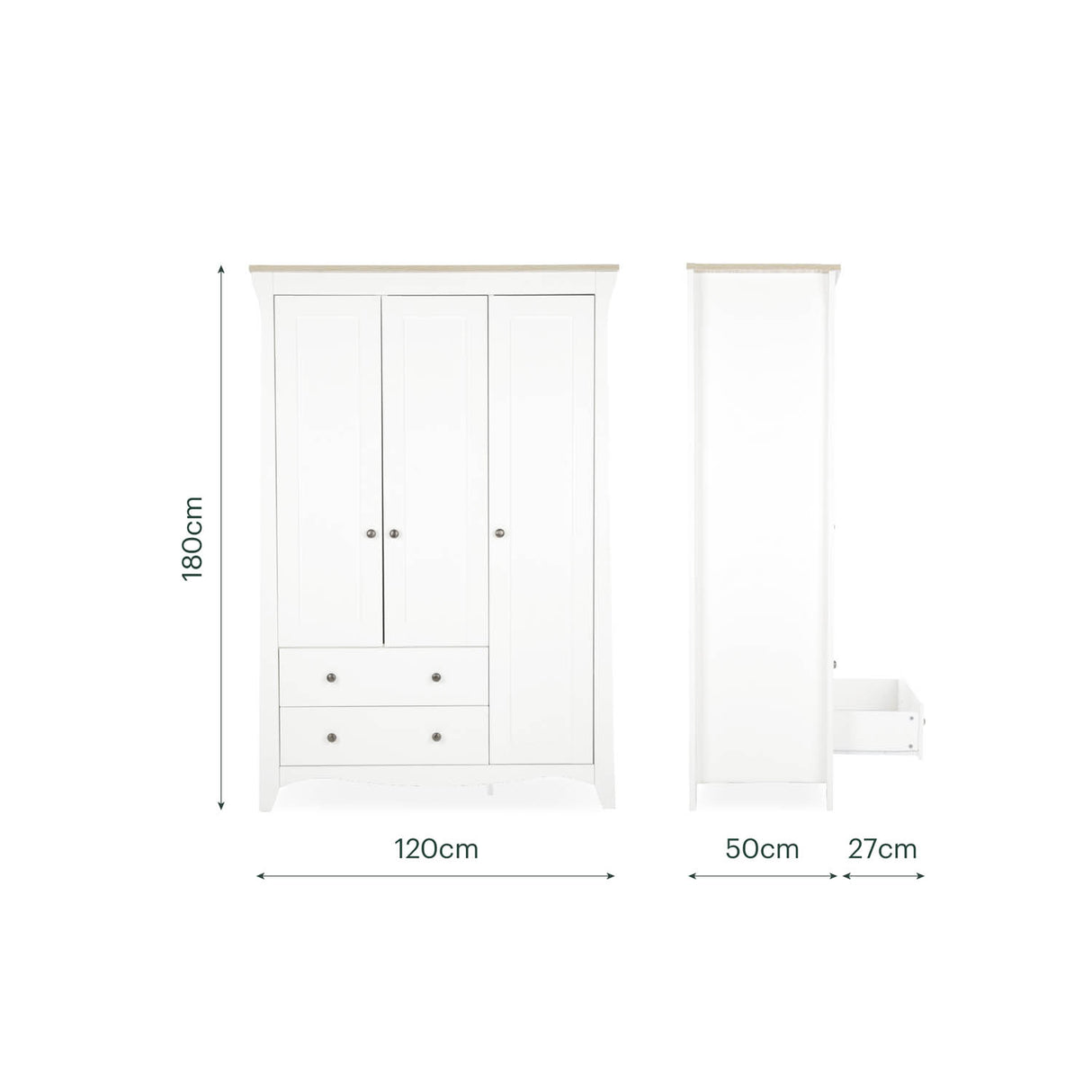 CuddleCo Clara Luxe 3 Piece Nursery Furniture Set (Cot Bed, Dresser & Wardrobe) - White & Ash
