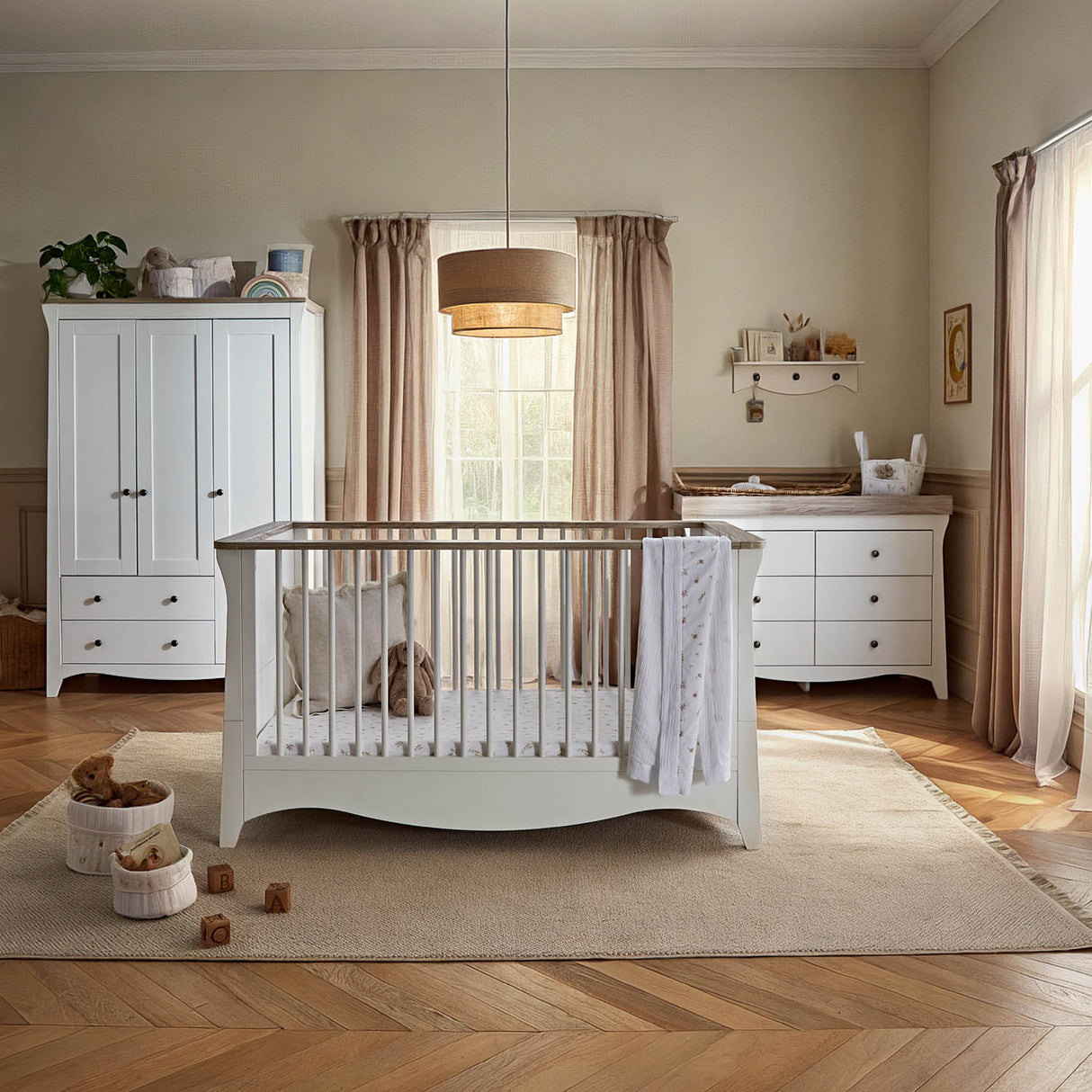 CuddleCo Clara Luxe 3 Piece Nursery Furniture Set (Cot Bed, Dresser & Wardrobe) - White & Ash