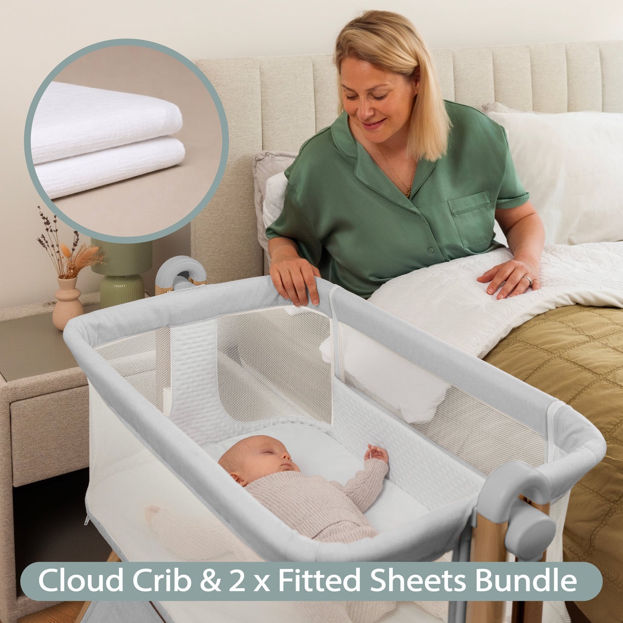 Obaby Cloud Bedside Crib + 2 White Crib Fitted Sheets Bundle - Grey