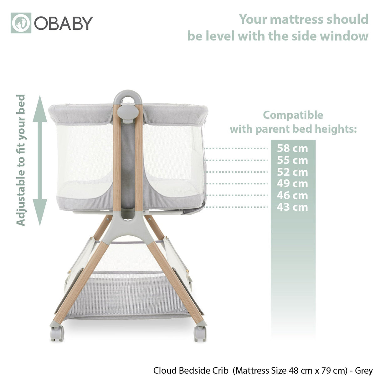 Obaby Cloud Bedside Crib + 2 White Crib Fitted Sheets Bundle - Grey