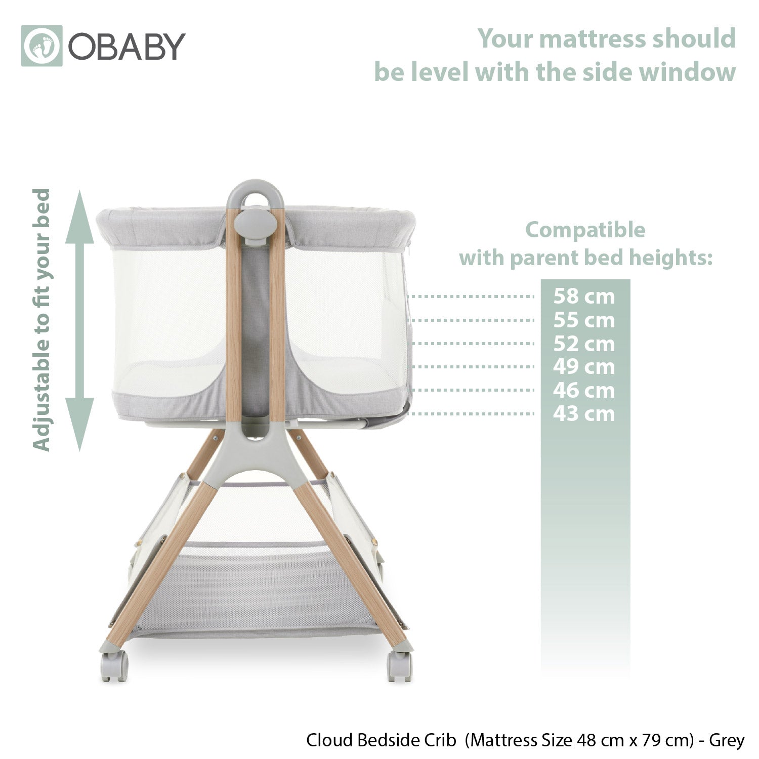 Obaby Cloud Bedside Crib + 2 White Crib Fitted Sheets Bundle - Grey