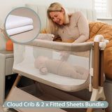 Obaby Cloud Bedside Crib + 2 White Crib Fitted Sheets Bundle - Oatmeal