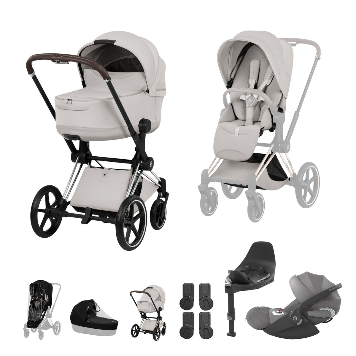 Cybex PRIAM Fold Cot Travel System Bundle - Style City Grey & Chrome Brown Frame
