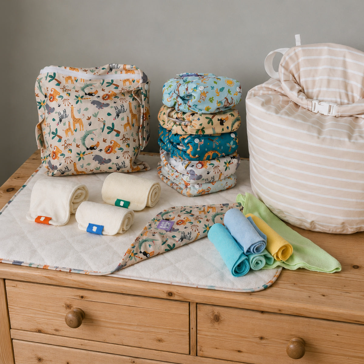 The Everything Reusable Nappy Bundle in Wild Life and Pastels