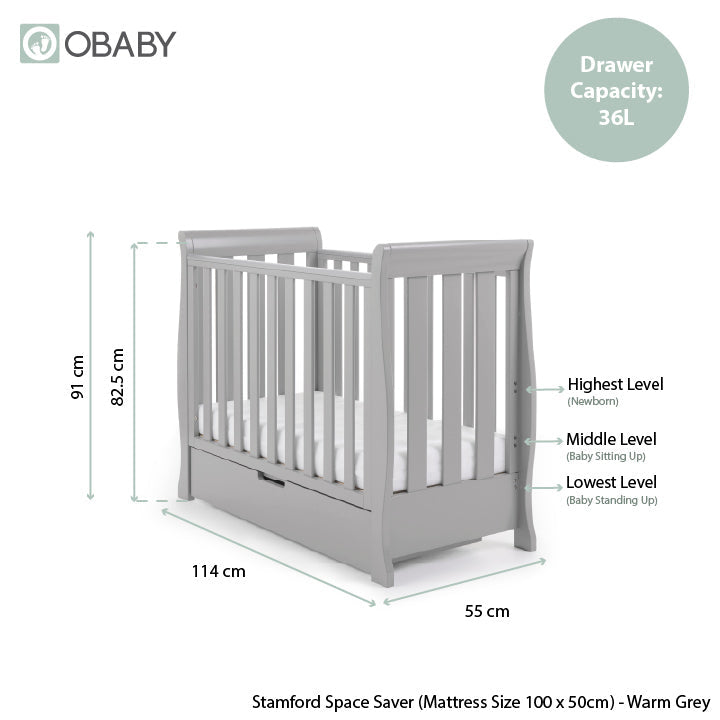 Obaby Stamford Space Saver Sleigh Cot - Warm Grey