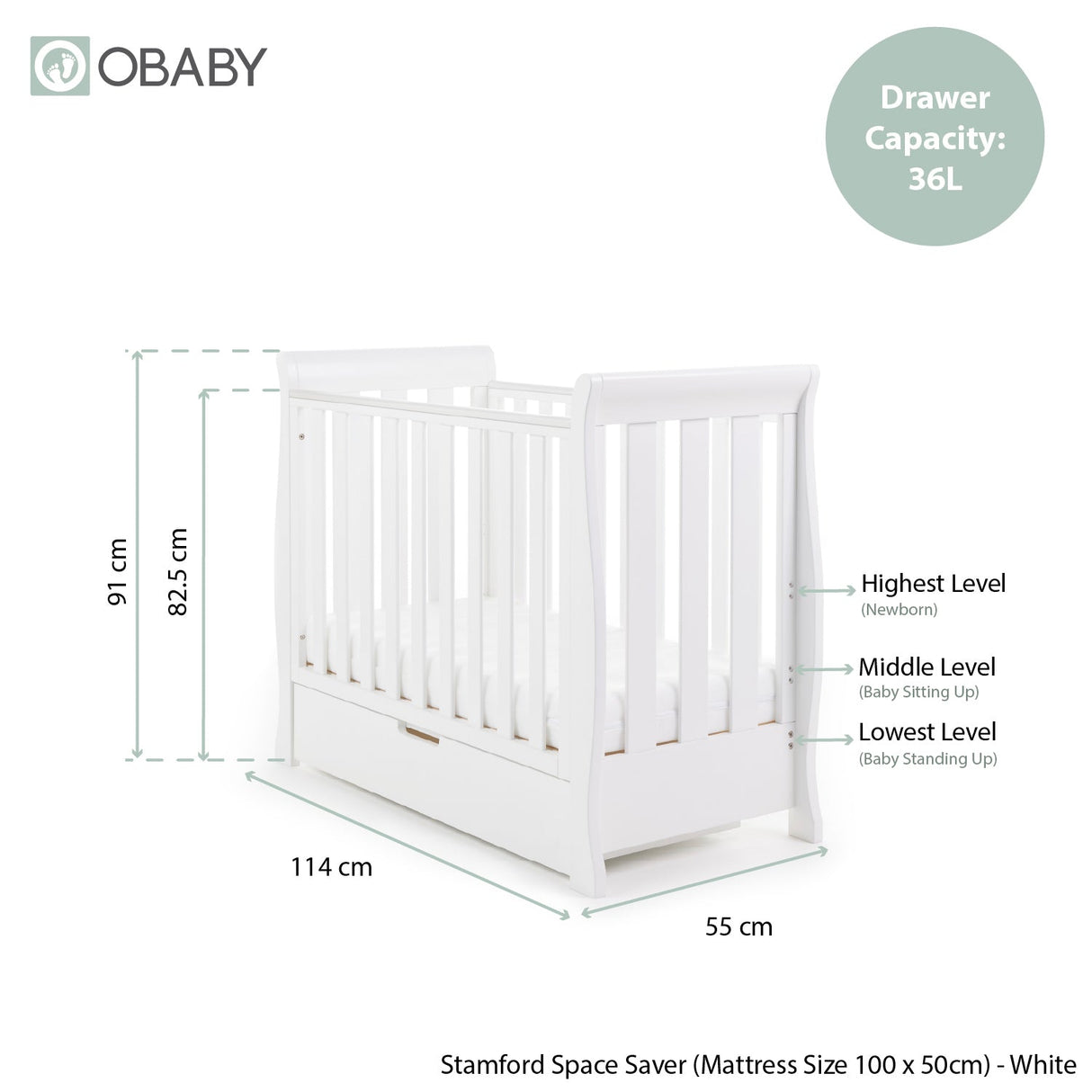 Obaby Stamford Space Saver Sleigh 2 Piece Room Set - White