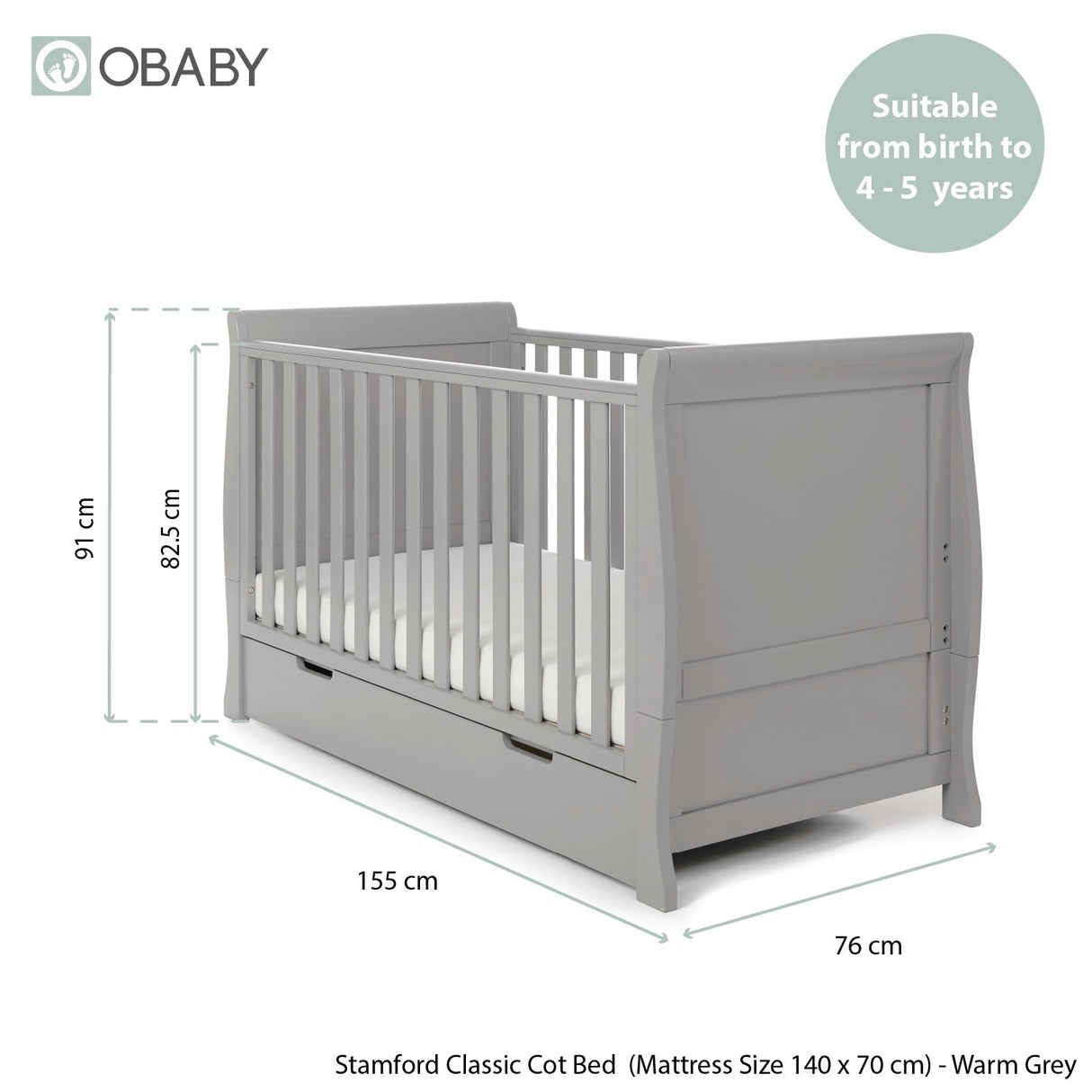 Obaby Stamford Classic Sleigh Cot Bed - Warm Grey