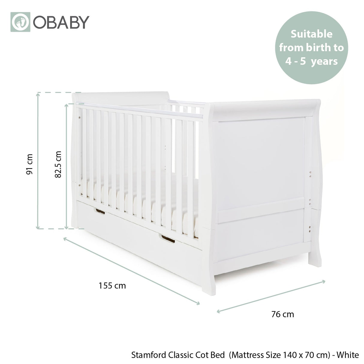 Obaby Stamford Classic Sleigh 2 Piece Room Set - White