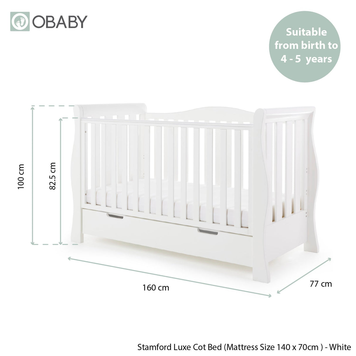 Obaby Stamford Luxe Sleigh Cot Bed - White