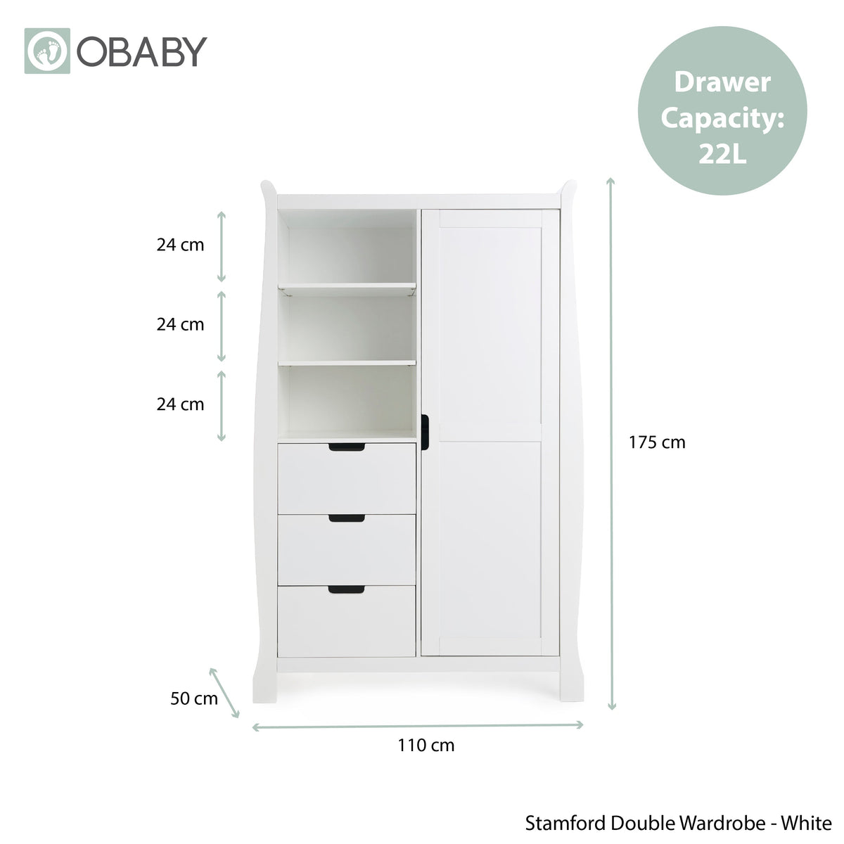 Obaby Stamford Sleigh Double Wardrobe - White