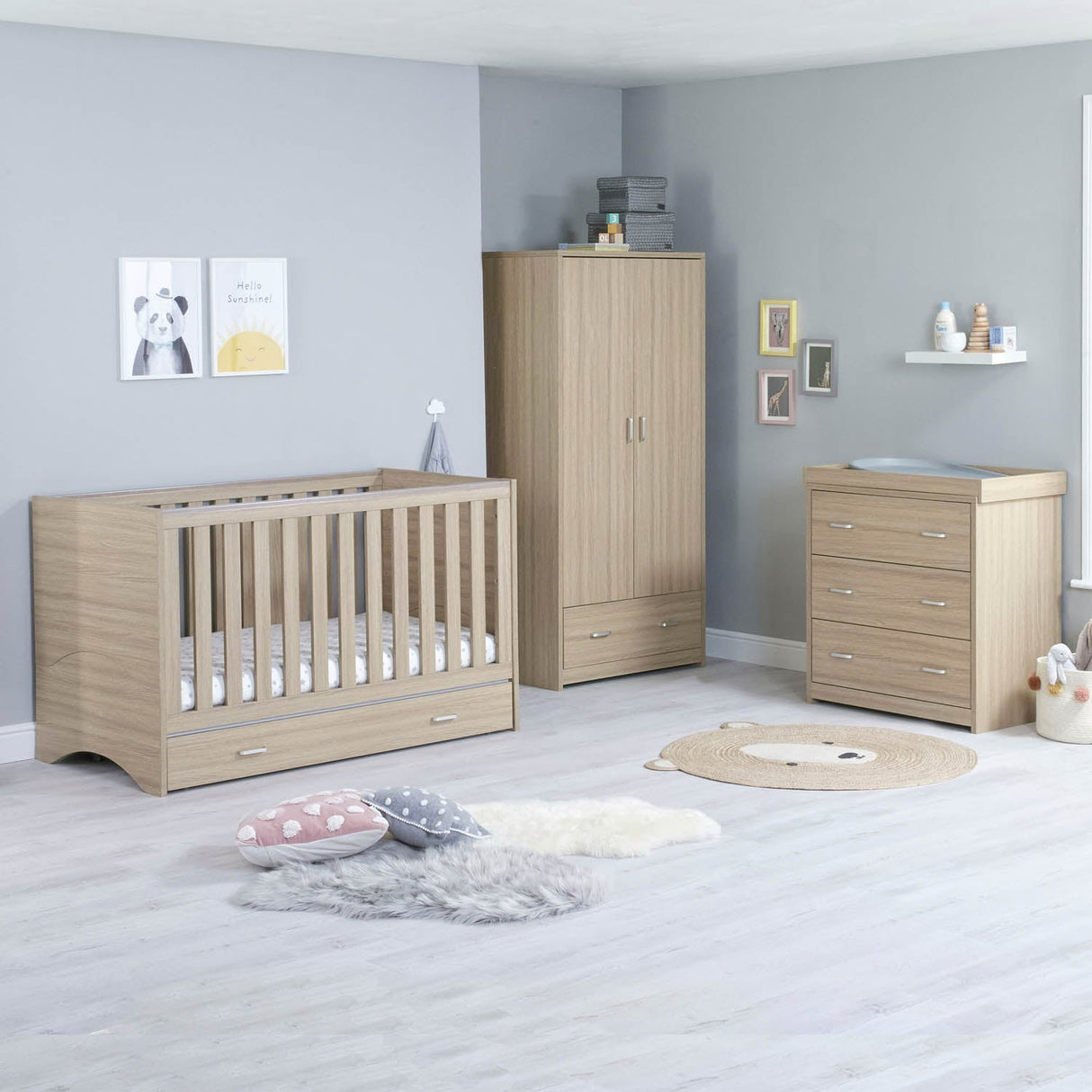 Babymore Veni 3 Piece Room Set with Drawer - Oak