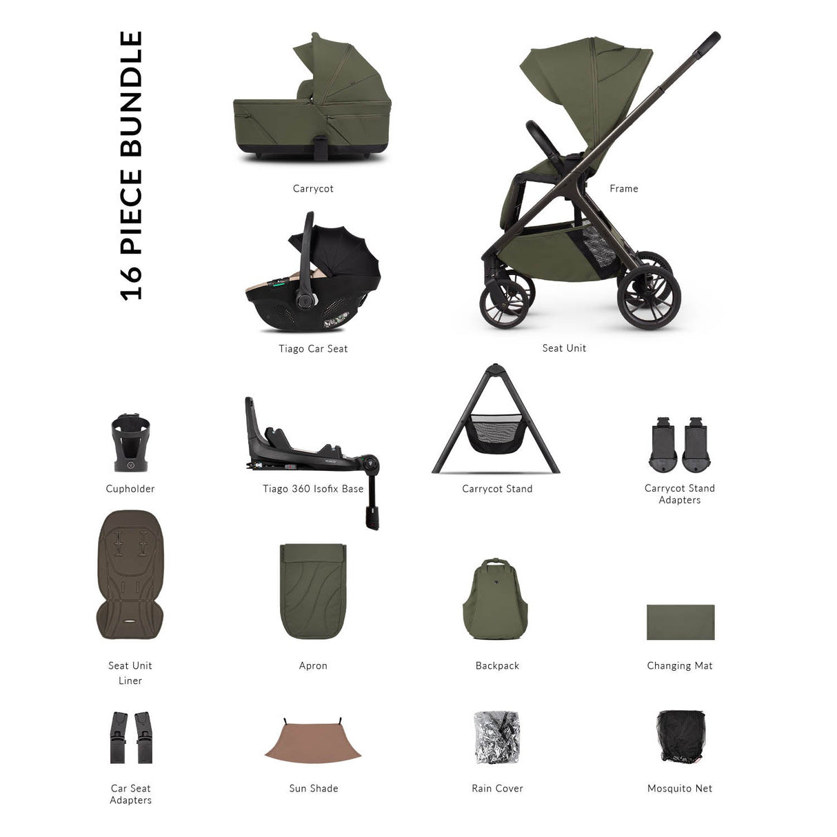 Venicci Tila 16 Piece Ultimate 4in1 Plus Tiago Bundle - Olive