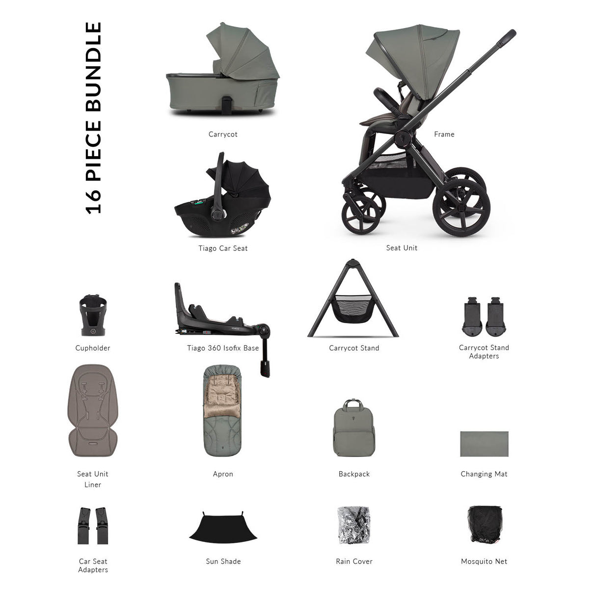 Venicci Upline 3 Luxury 4in1 Plus Tiago Car Seat & 360 Base Bundle - Aloe