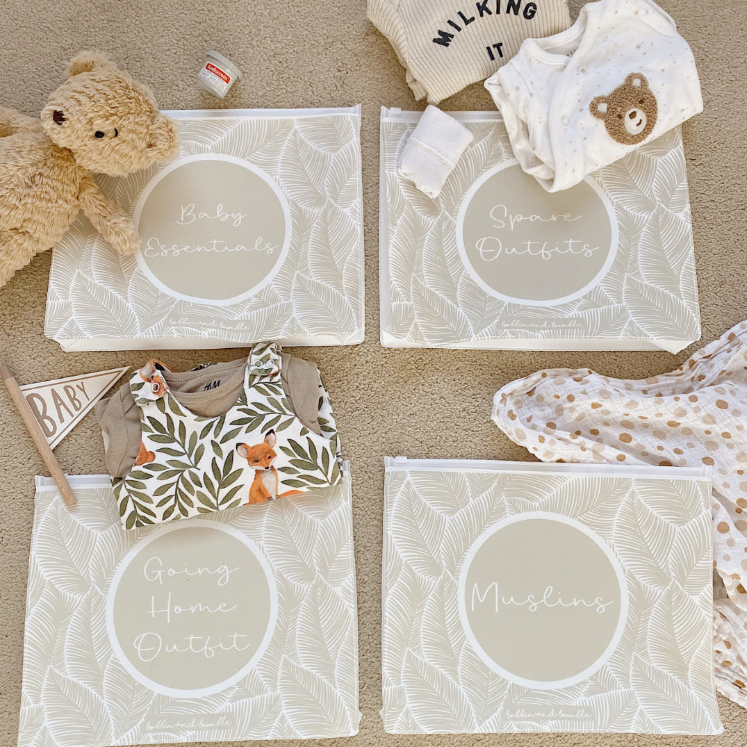 Hospital Bag Organiser Pouches - Unisex Beige Leaf Print