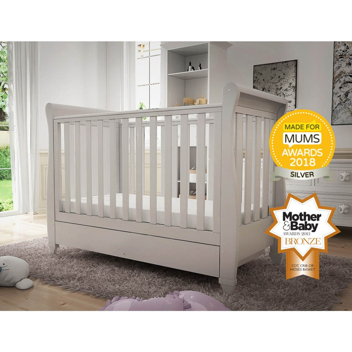 Babymore Eva Sleigh Drop Side Cot Bed - White