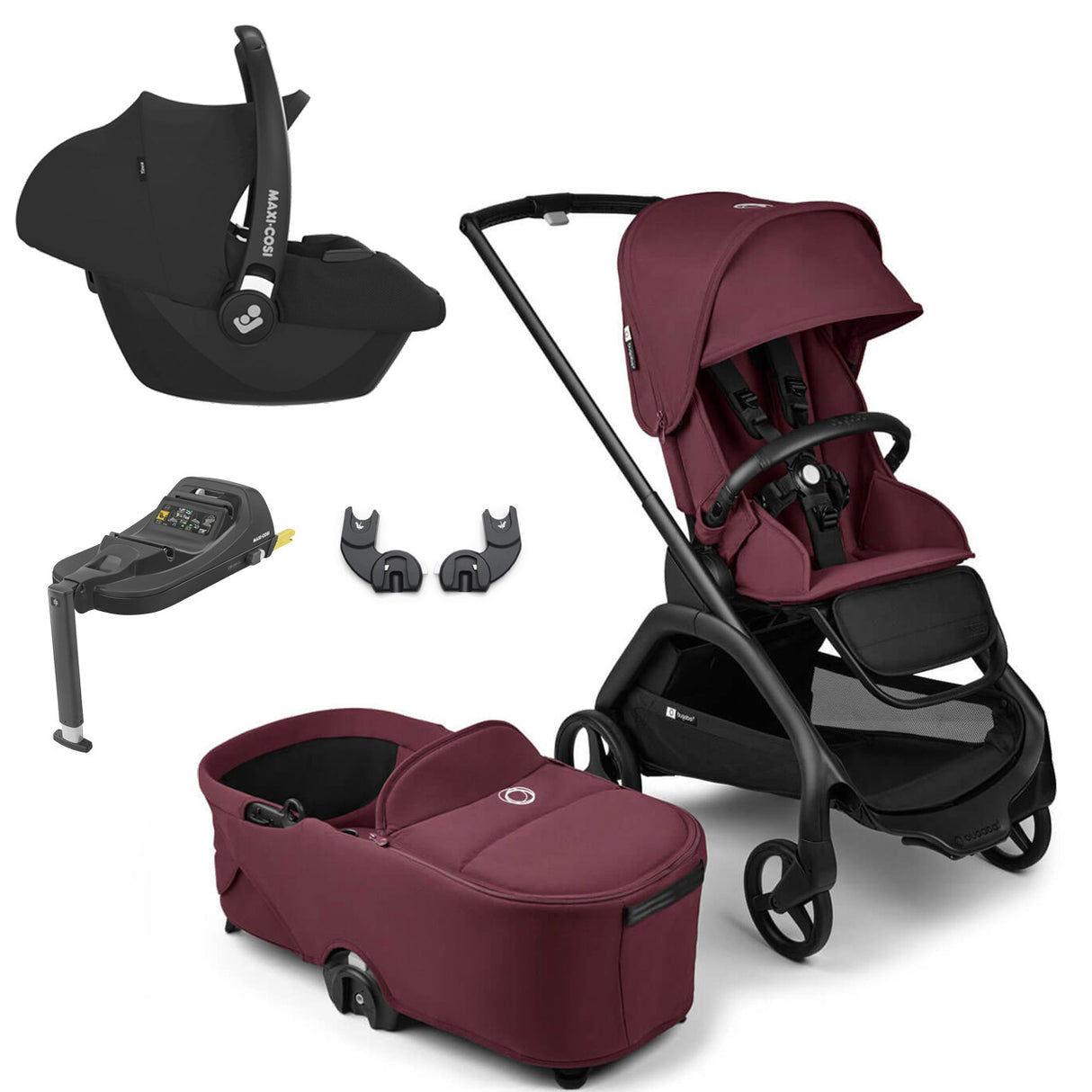Bugaboo Dragonfly Travel System with Maxi-Cosi Cabriofix i-Size + Isofix Base - Black/Dark Cherry