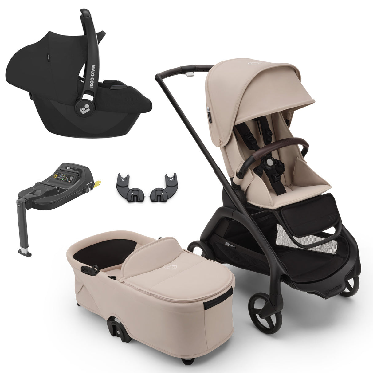 Bugaboo Dragonfly Travel System with Maxi-Cosi Cabriofix i-Size + Isofix Base - Black/Desert Taupe